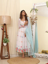 White Faux Georgette With Embroidery With Hotfixing Work Gown