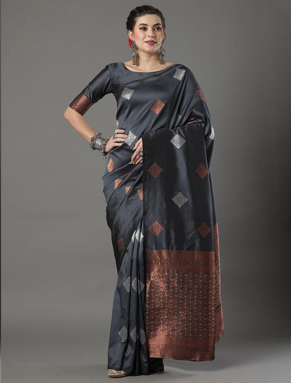 Lagniappe Grey Soft Silk Saree With Redolent Blouse Piece