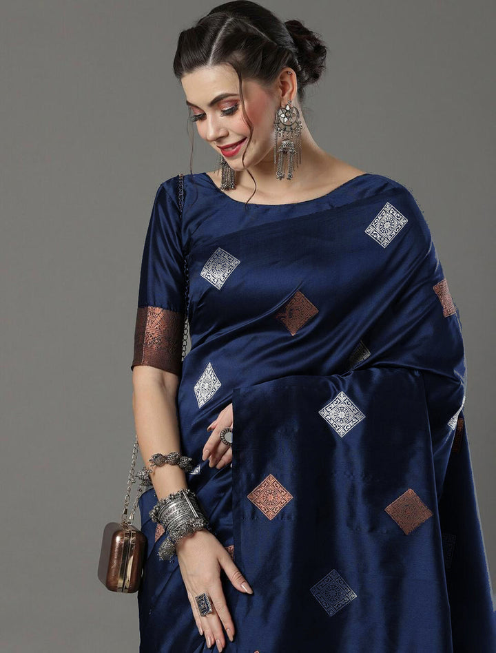 Symmetrical Navy Blue Soft Silk Saree With Splendorous Blouse Piece