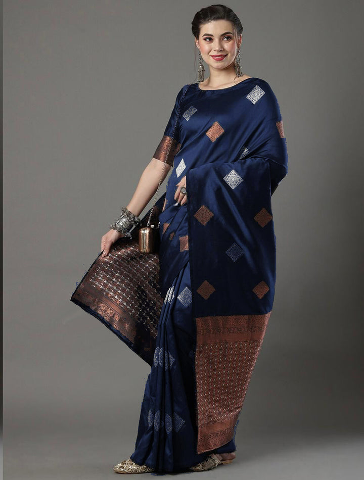 Symmetrical Navy Blue Soft Silk Saree With Splendorous Blouse Piece