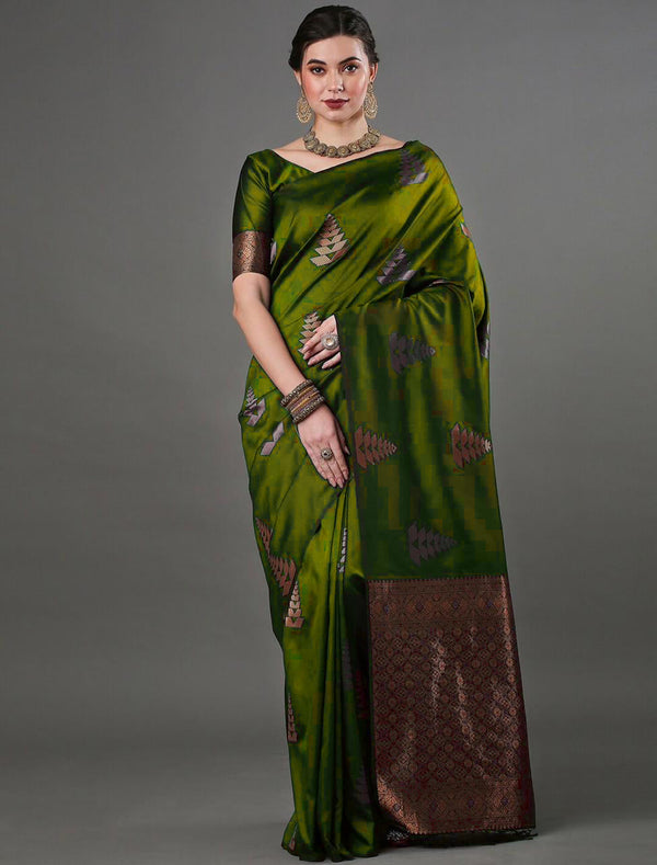 Glittering Mahndi Soft Silk Saree With Splendorous Blouse Piece