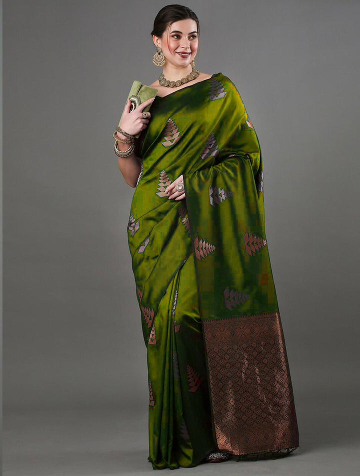 Glittering Mahndi Soft Silk Saree With Splendorous Blouse Piece