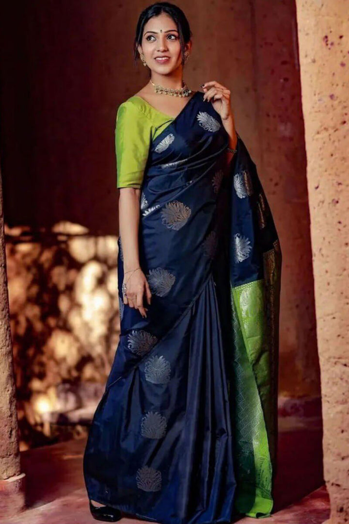 Wonderful Navy Blue Soft Silk Saree With Pretty Blouse Piece