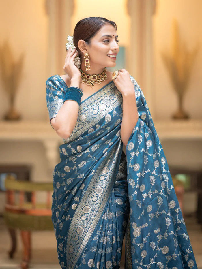 Gorgeous Firozi Soft Silk Saree With Sophisticated Blouse Piece