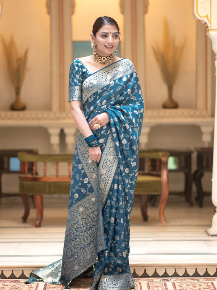 Gorgeous Firozi Soft Silk Saree With Sophisticated Blouse Piece