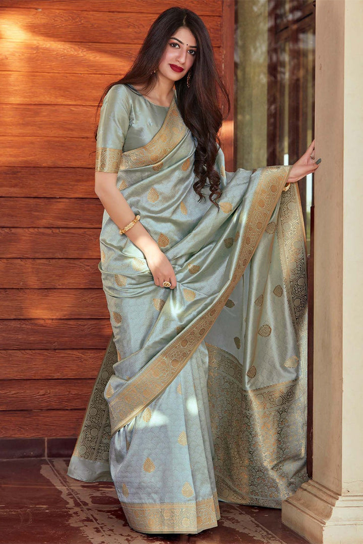 Beauteous Grey Soft Silk Saree With Imbrication Blouse Piece