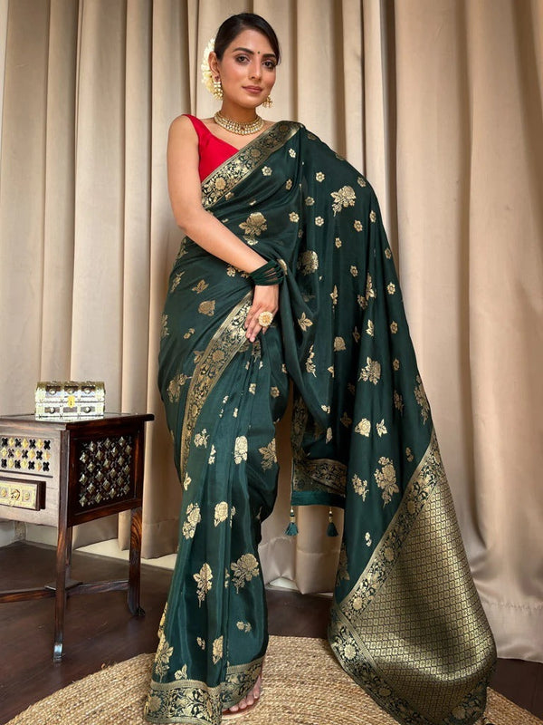 Classy Dark Green Soft Silk Saree With Elegant Blouse Piece