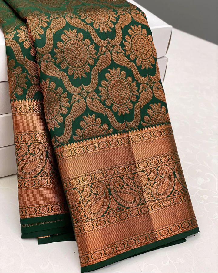 Palimpsest Dark Green Soft Silk Saree With Delectable Blouse Piece