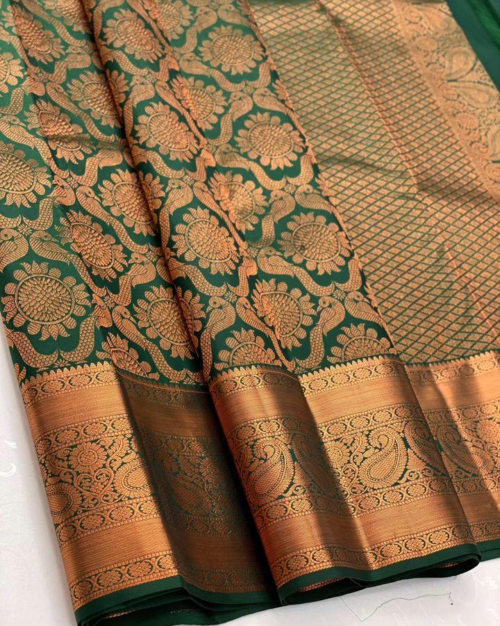 Palimpsest Dark Green Soft Silk Saree With Delectable Blouse Piece