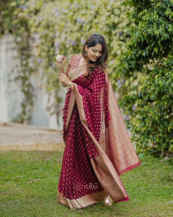 Gossamer Maroon Soft Silk Saree With Mellifluous Blouse Piece