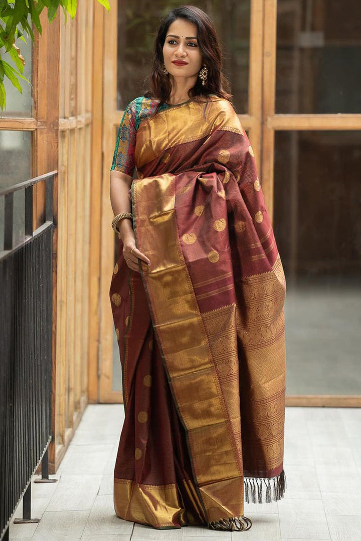 Energetic Brown Soft Silk Saree With Innovative Blouse Piece