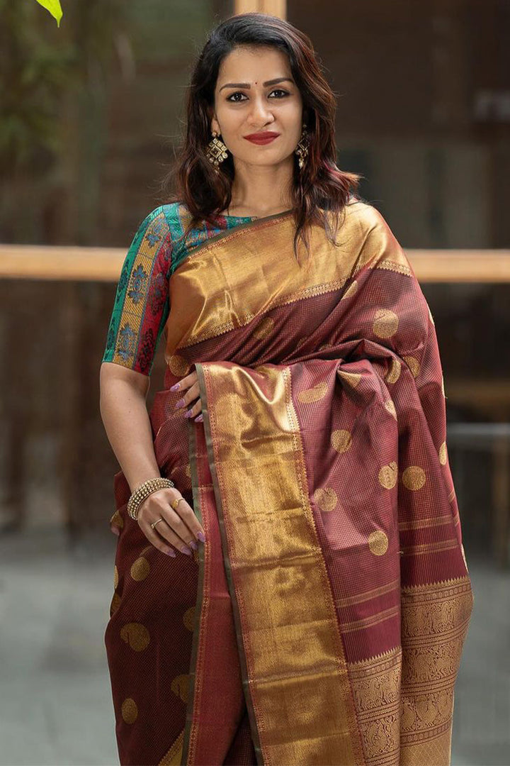 Energetic Brown Soft Silk Saree With Innovative Blouse Piece