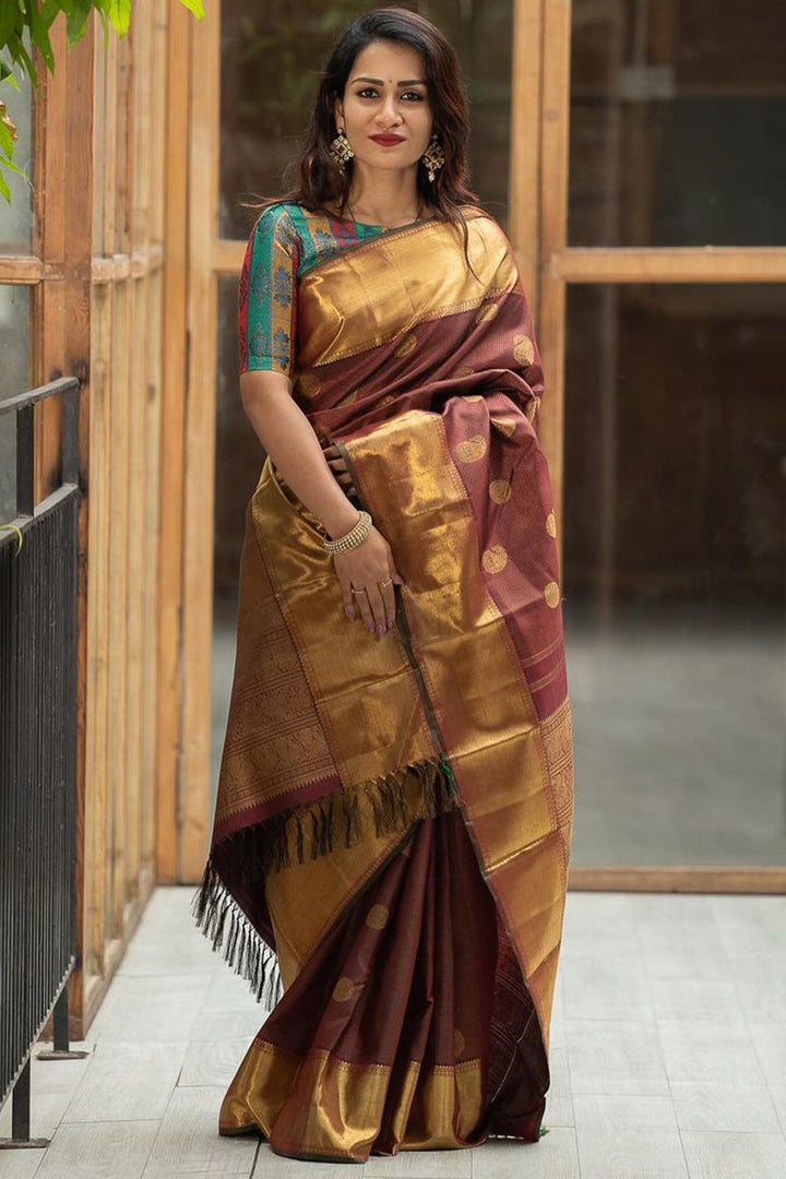 Energetic Brown Soft Silk Saree With Innovative Blouse Piece