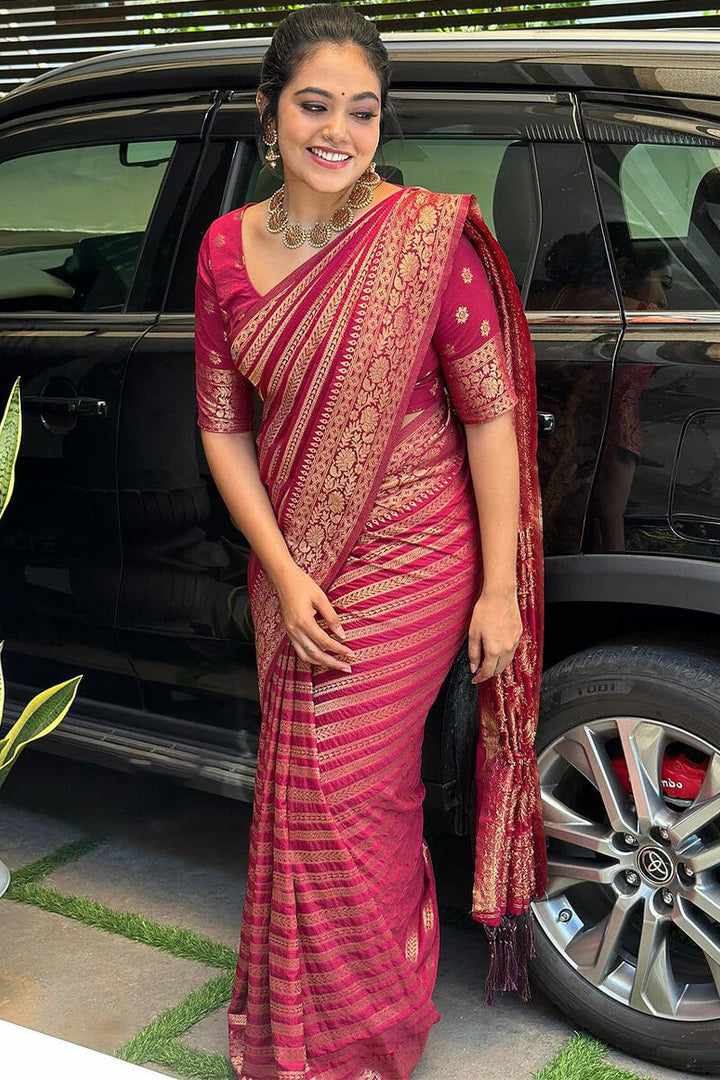 Deserving Dark Pink Soft Silk Saree With Flaunt Blouse Piece