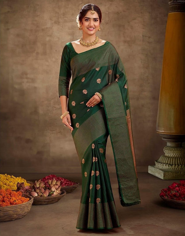 Entrancing Dark Green Soft Silk Saree With Captivating Blouse Piece