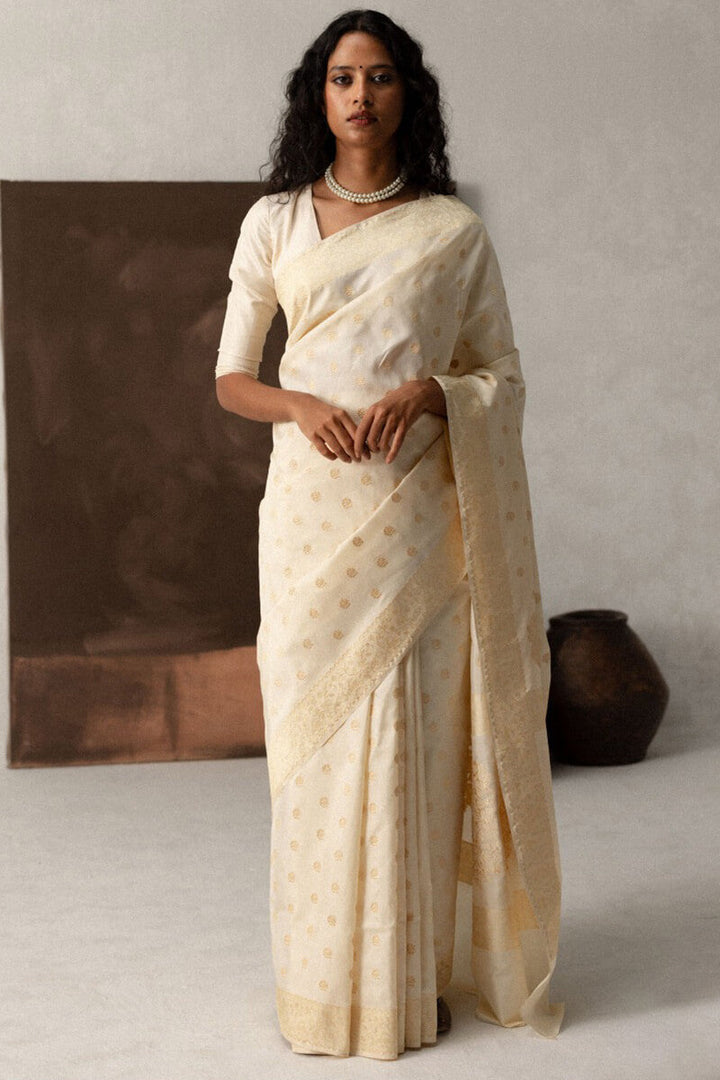 Mesmerising Beige Soft Silk Saree With Elegant Blouse Pieced