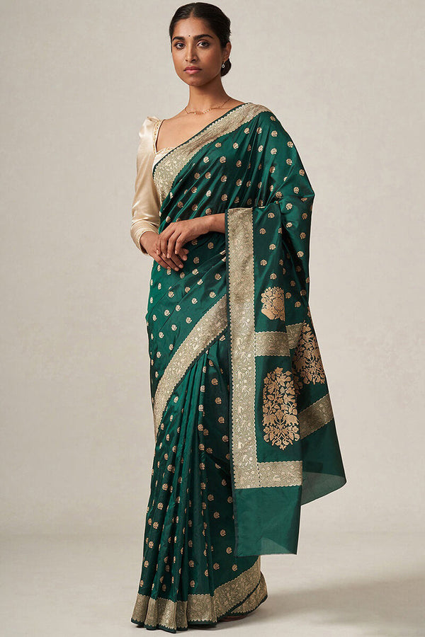 Splendorous Rama Soft Silk Saree With Radiant Blouse Pieced