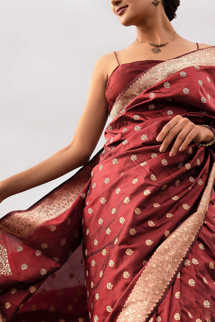 Panache Wine Soft Silk Saree With Fantabulous Blouse Pieced