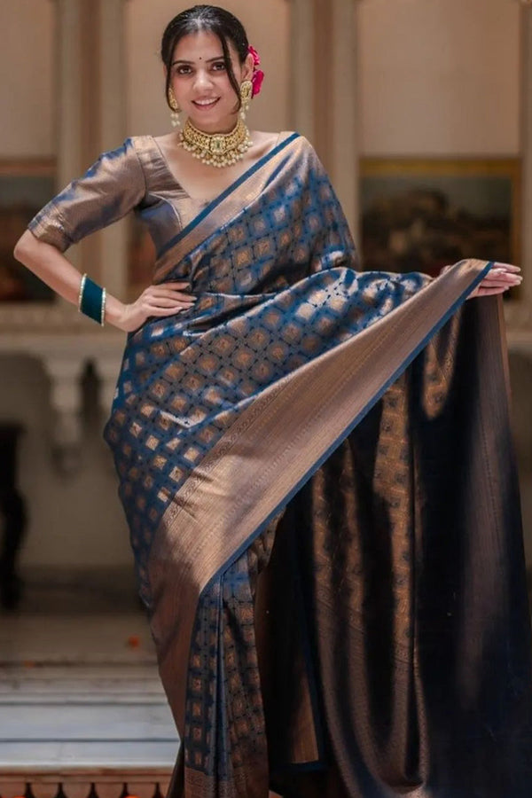 Exquisite Blue Soft Silk Saree With Preferable Blouse Piece