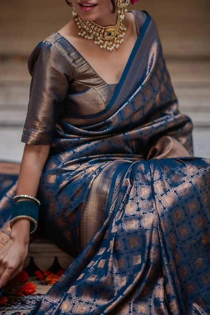 Exquisite Blue Soft Silk Saree With Preferable Blouse Piece