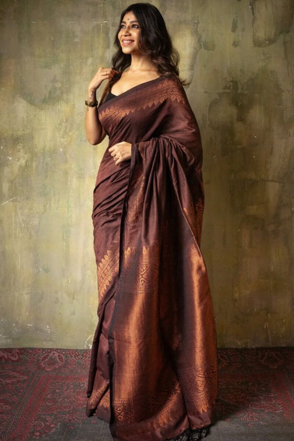 Extraordinary Brown Soft Silk Saree With Intricate Blouse Piece