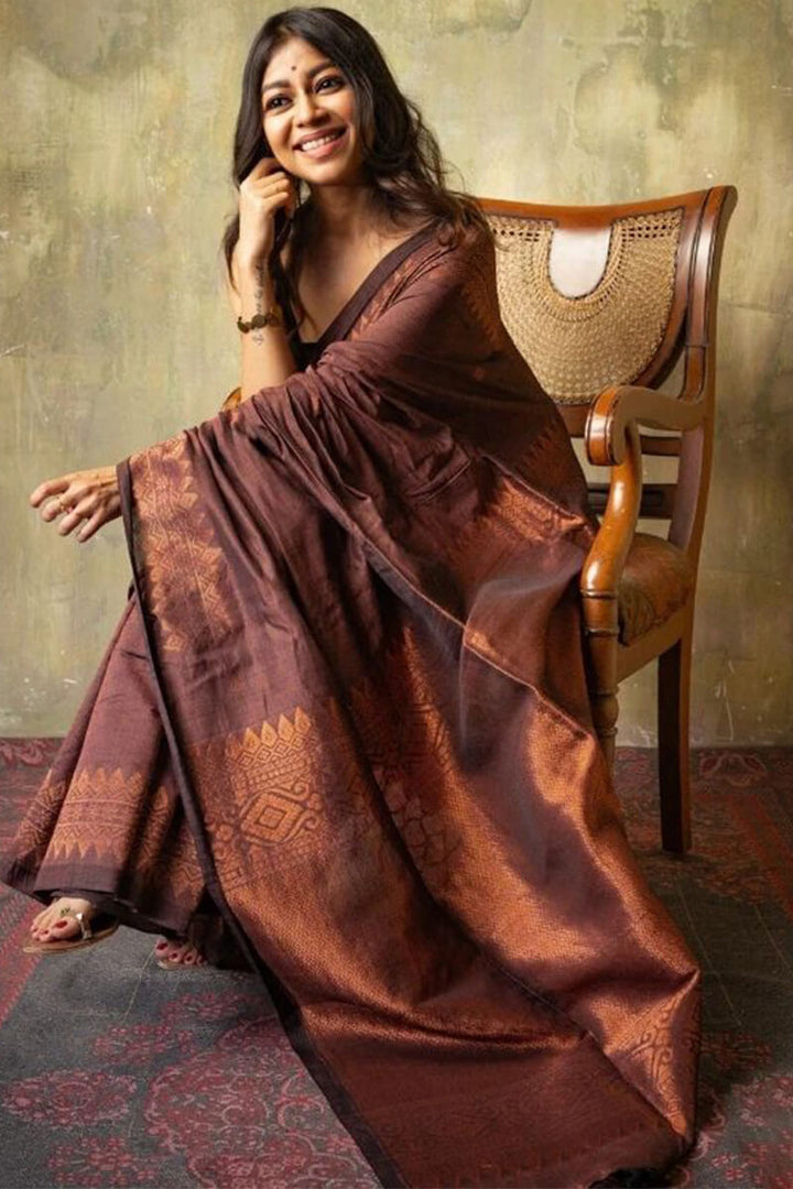 Extraordinary Brown Soft Silk Saree With Intricate Blouse Piece