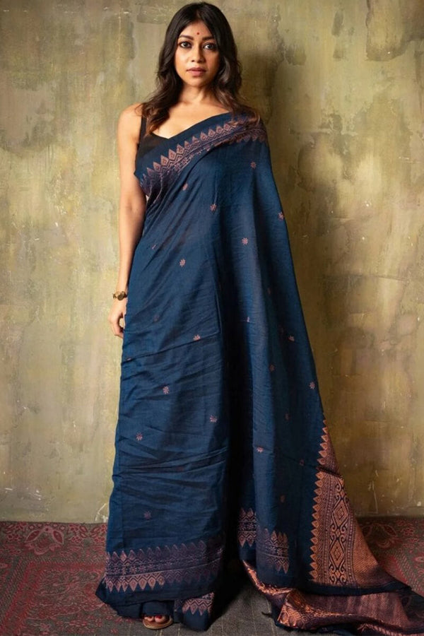 Angelic Navy Blue Soft Silk Saree With Assemblage Blouse Pieced