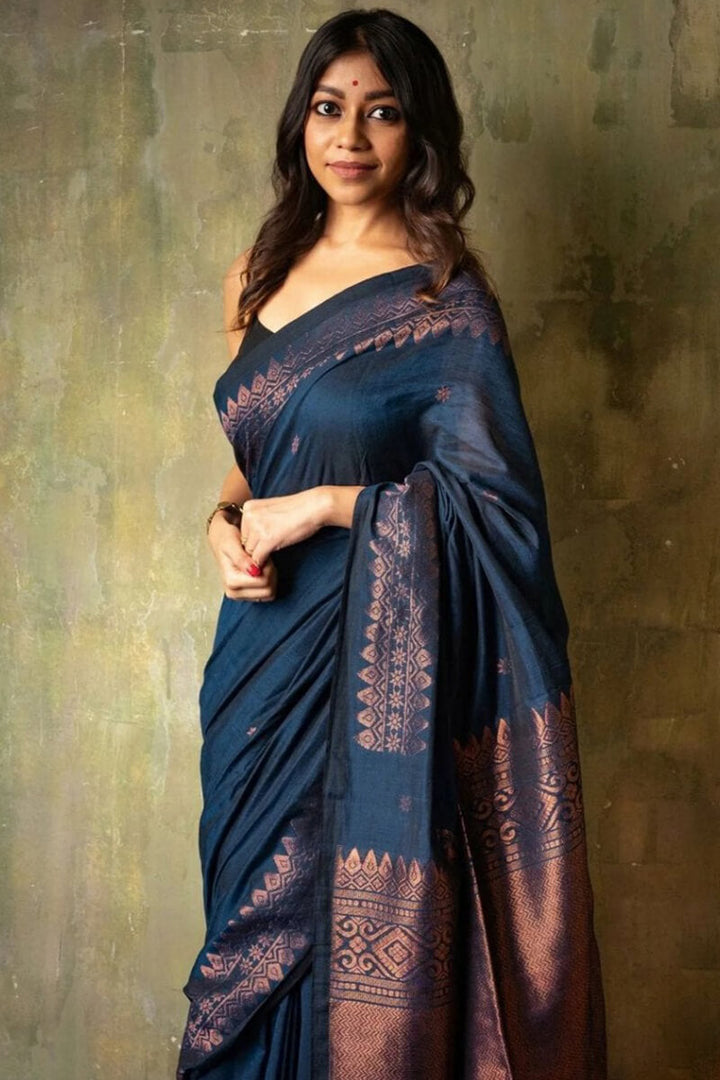 Angelic Navy Blue Soft Silk Saree With Assemblage Blouse Pieced