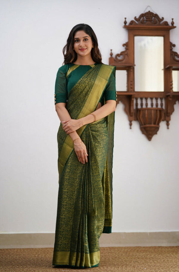 Gossamer Dark Green Soft Silk Saree With Diaphanous Blouse Piece