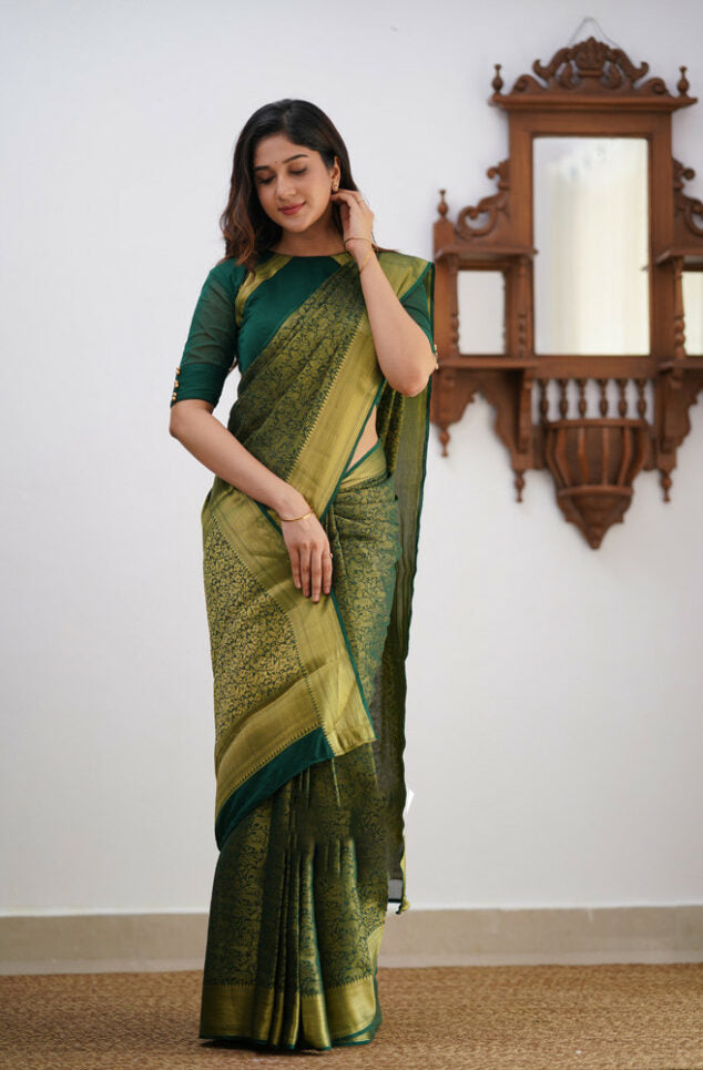 Gossamer Dark Green Soft Silk Saree With Diaphanous Blouse Piece