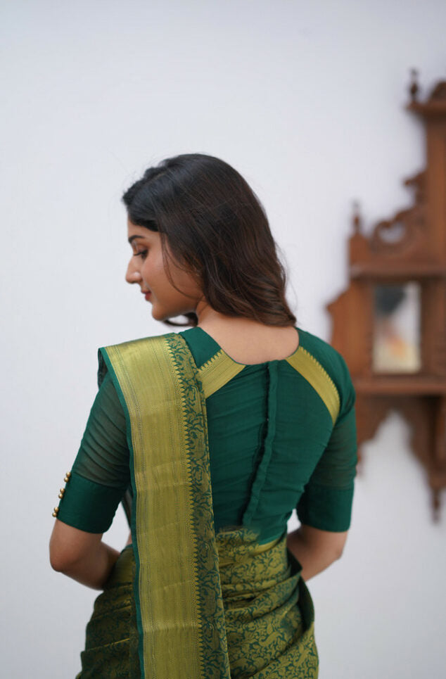 Gossamer Dark Green Soft Silk Saree With Diaphanous Blouse Piece