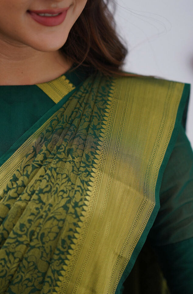 Gossamer Dark Green Soft Silk Saree With Diaphanous Blouse Piece