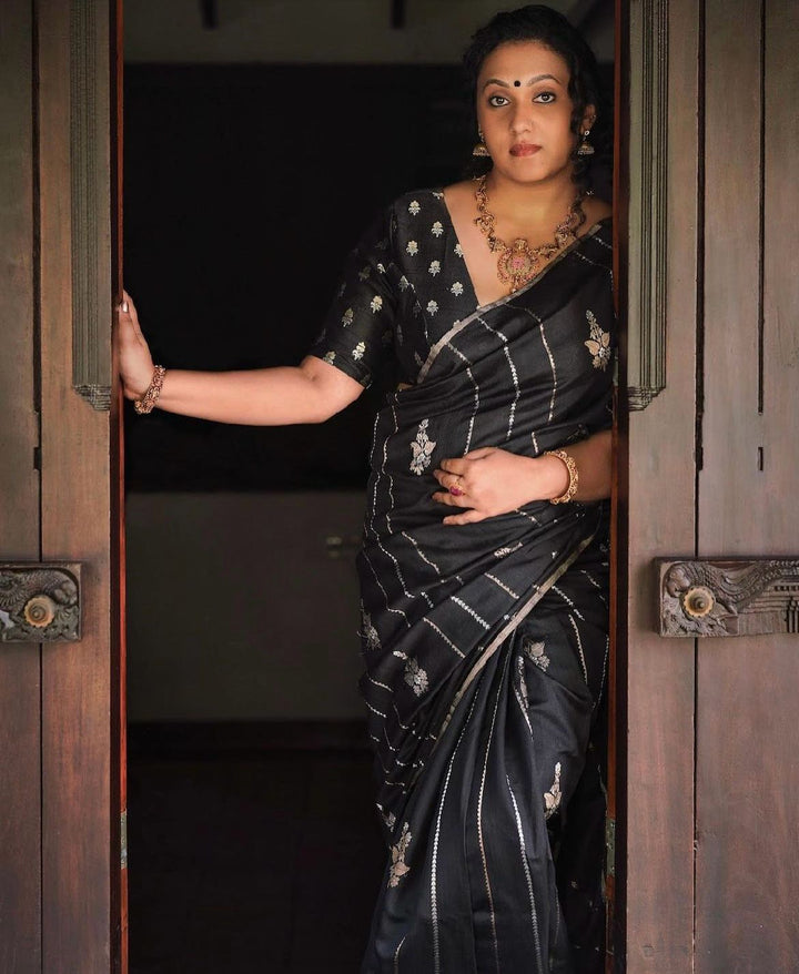 Transcendent Black Soft Silk Saree With Enigmatic Blouse Piece