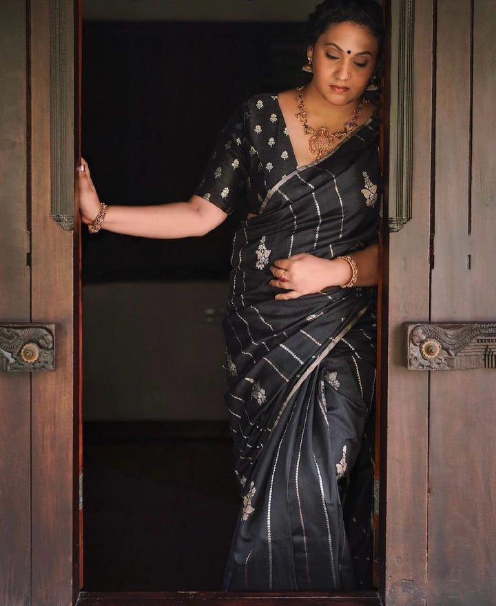 Transcendent Black Soft Silk Saree With Enigmatic Blouse Piece