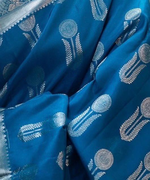 Ornate Blue Soft Silk Saree With Denouement Blouse Piece