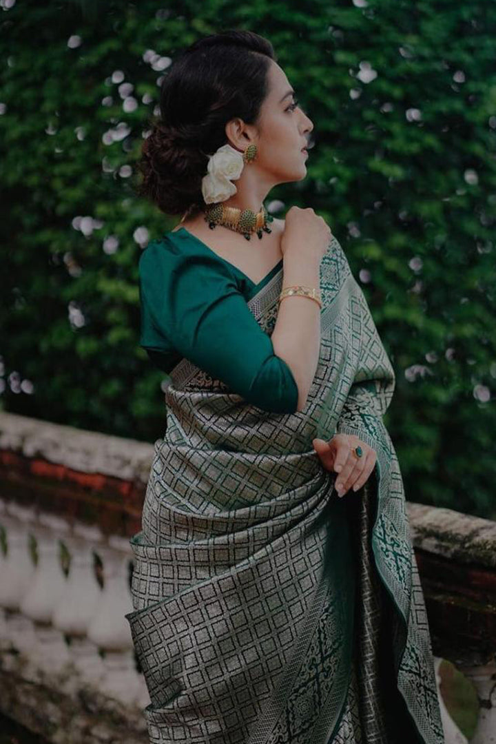 Fragrant Green Soft Silk Saree With Profuse Blouse Piece