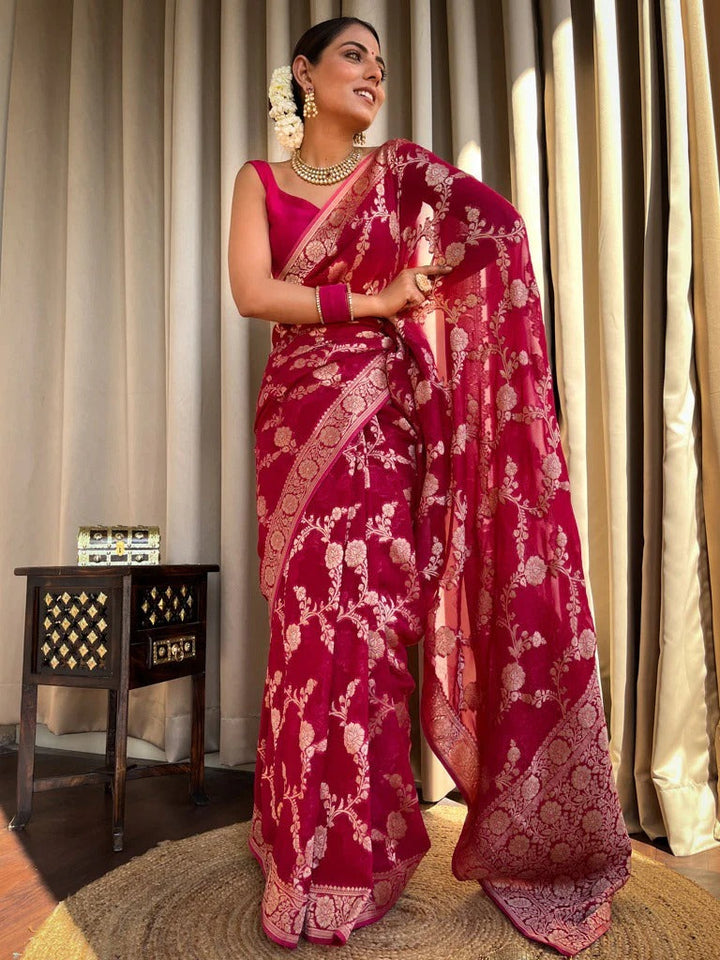 Flaunt Dark Pink Soft Silk Saree With Extraordinary Blouse Piece