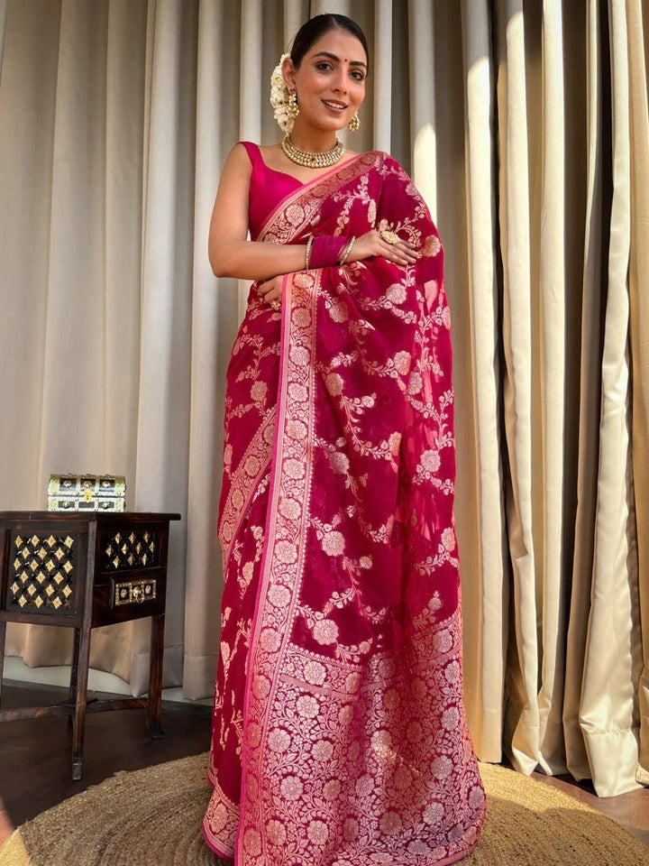 Flaunt Dark Pink Soft Silk Saree With Extraordinary Blouse Piece