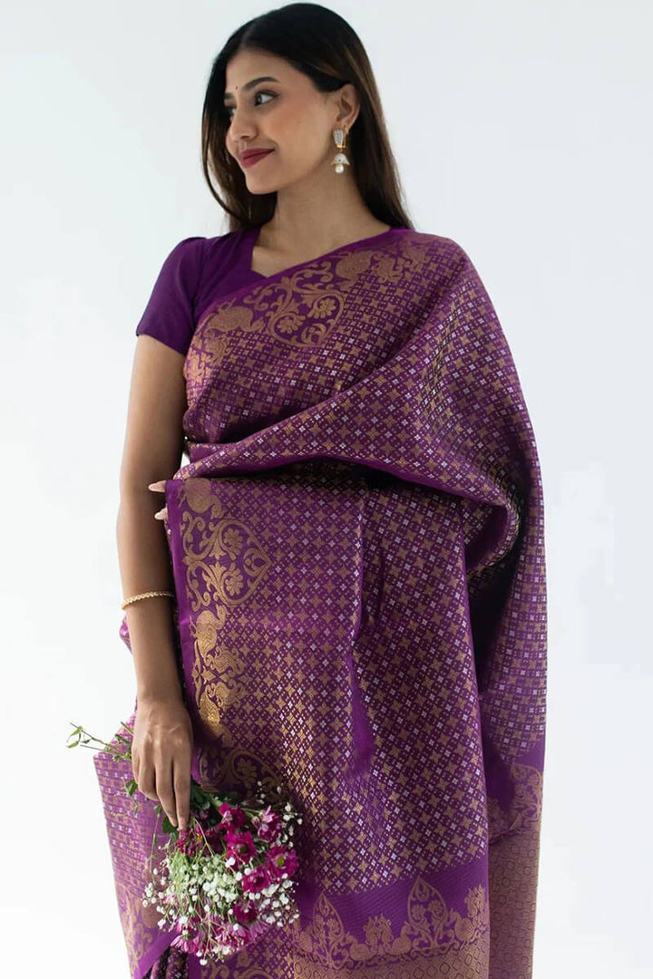 Pleasurable Purple Soft Silk Saree With Lassitude Blouse Piece