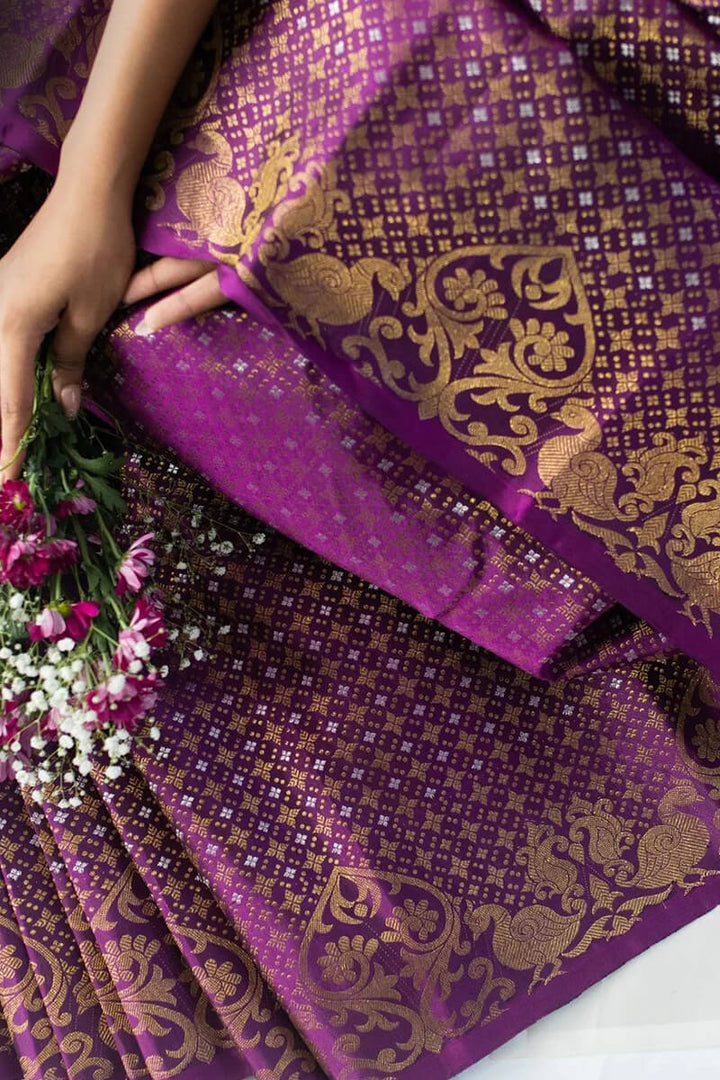 Pleasurable Purple Soft Silk Saree With Lassitude Blouse Piece