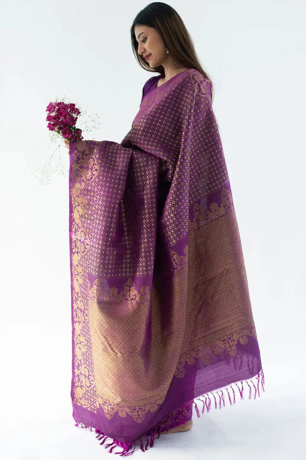 Pleasurable Purple Soft Silk Saree With Lassitude Blouse Piece