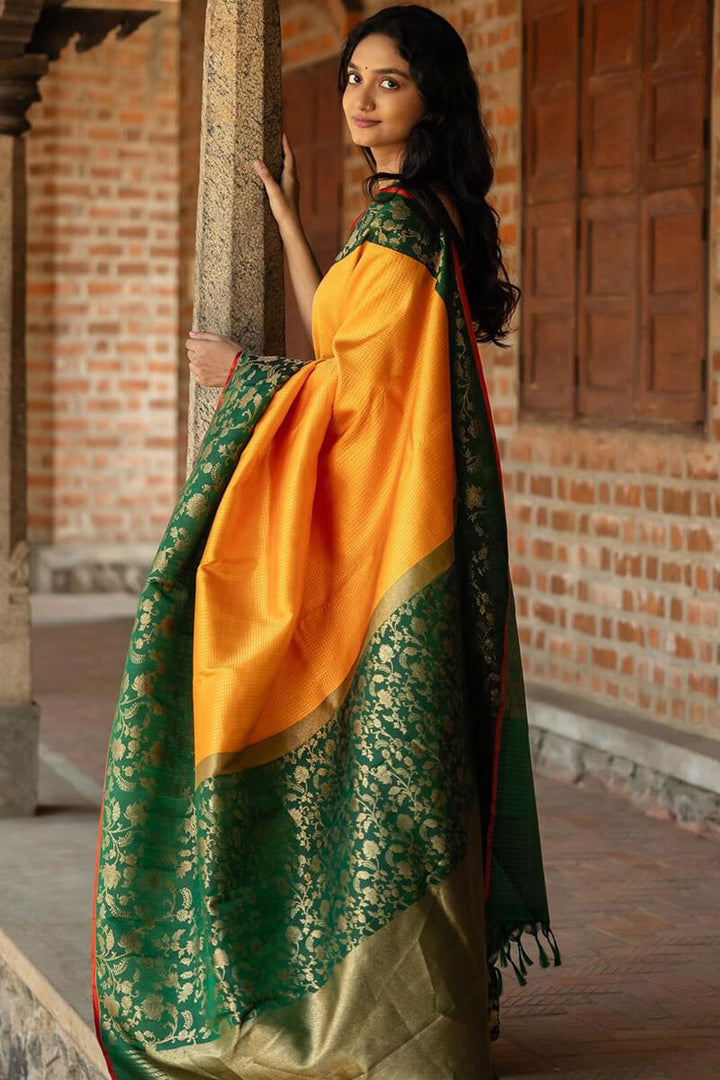 Outstanding Yellow Soft Silk Saree With Flattering Blouse Piece