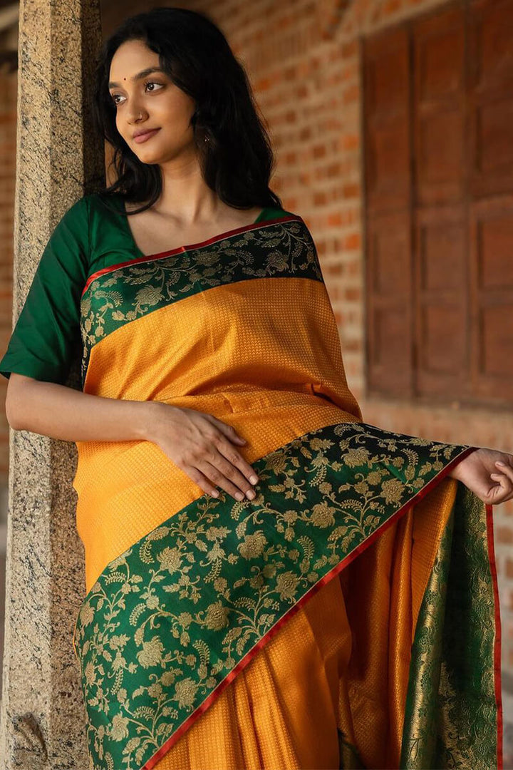 Outstanding Yellow Soft Silk Saree With Flattering Blouse Piece