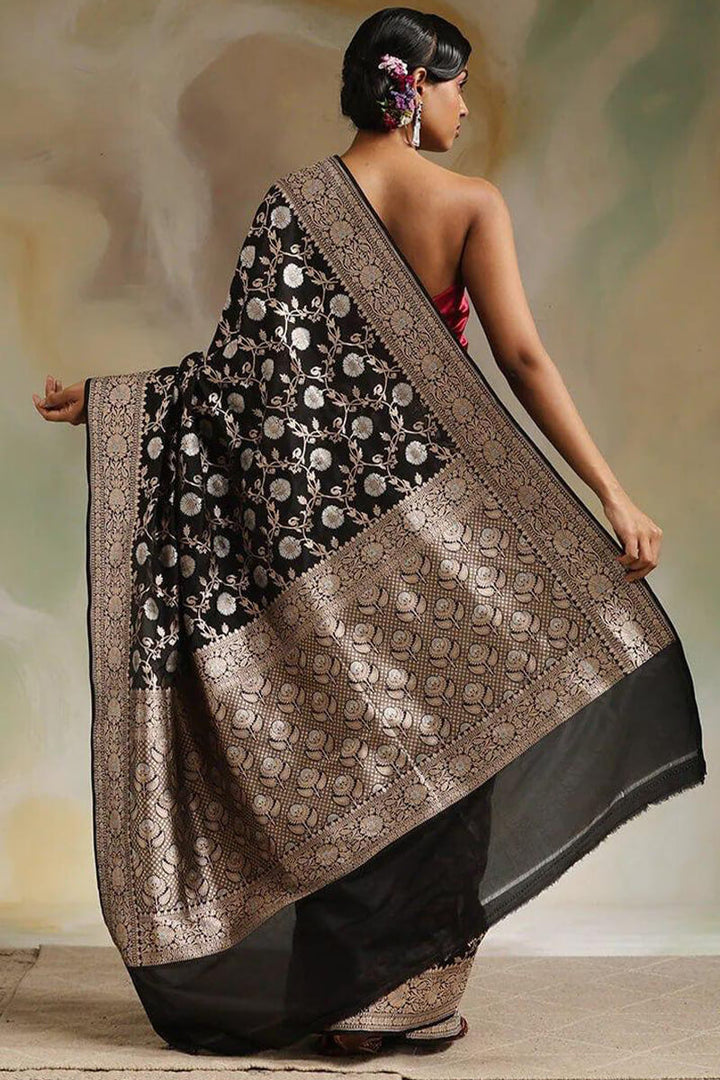 Flaunt Black Soft Silk Saree With Radiant Blouse Pieced