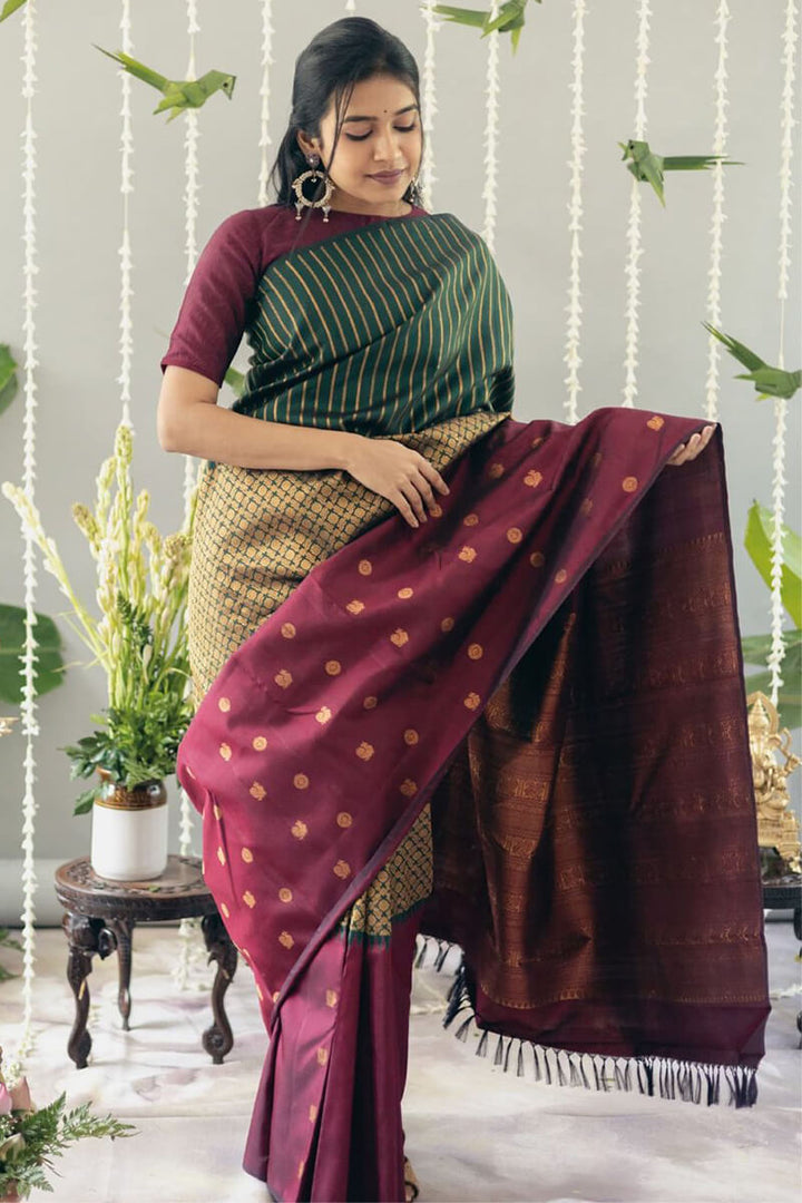 Flattering Wine Soft Silk Saree With Panoply Blouse Pieced