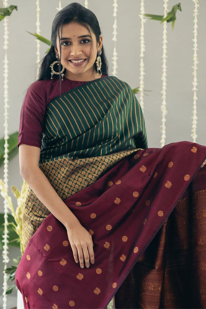 Flattering Wine Soft Silk Saree With Panoply Blouse Pieced