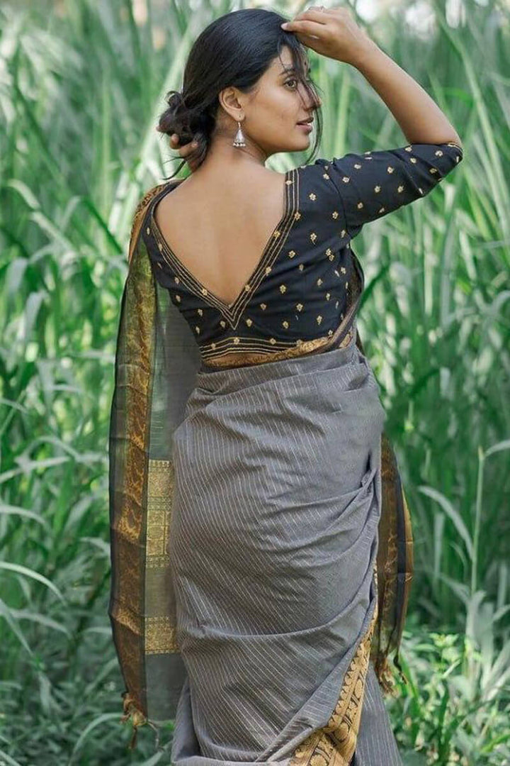 Exceptional Grey Soft Silk Saree With Adoring Blouse Pieced