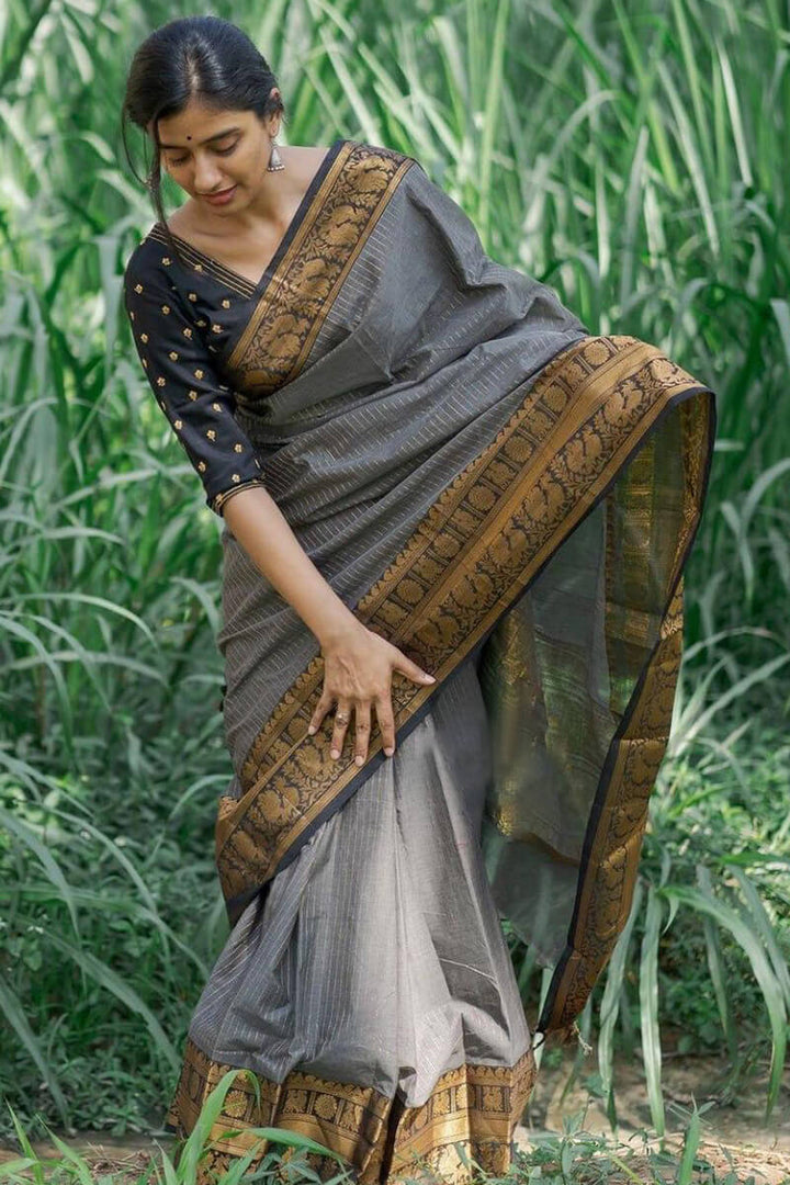 Exceptional Grey Soft Silk Saree With Adoring Blouse Pieced