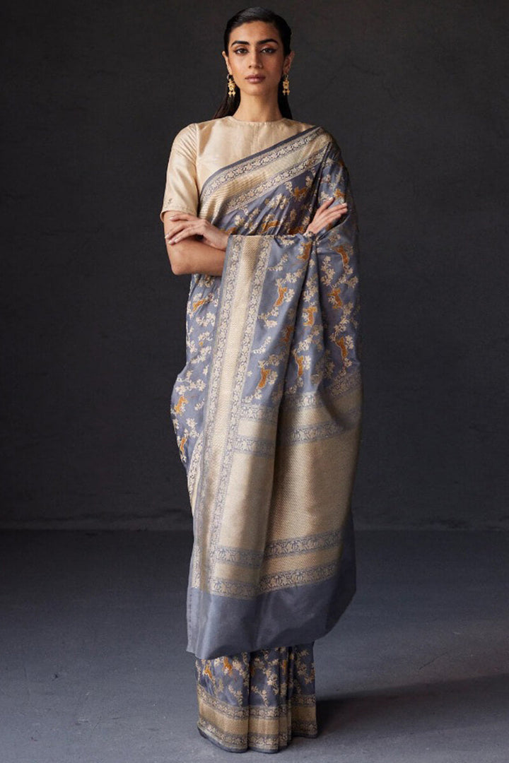 Admirable Grey Soft Silk Saree With Denouement Blouse Piece