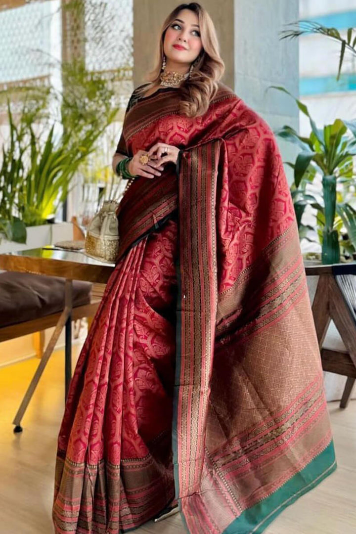 Eloquence Maroon Soft Silk Saree With Flamboyant Blouse Piece